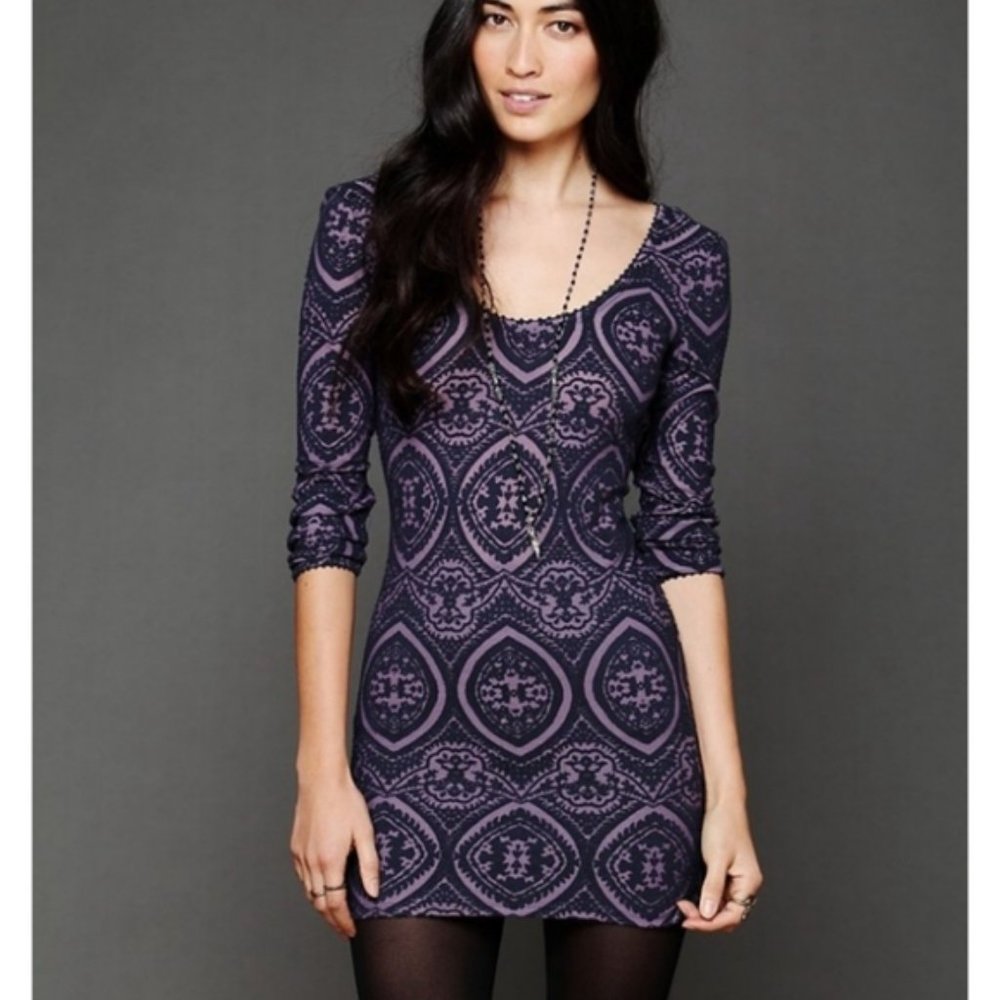 Free People Masquerade Belle Tunic Dress Large Bodycon Purple Blue Damask Print